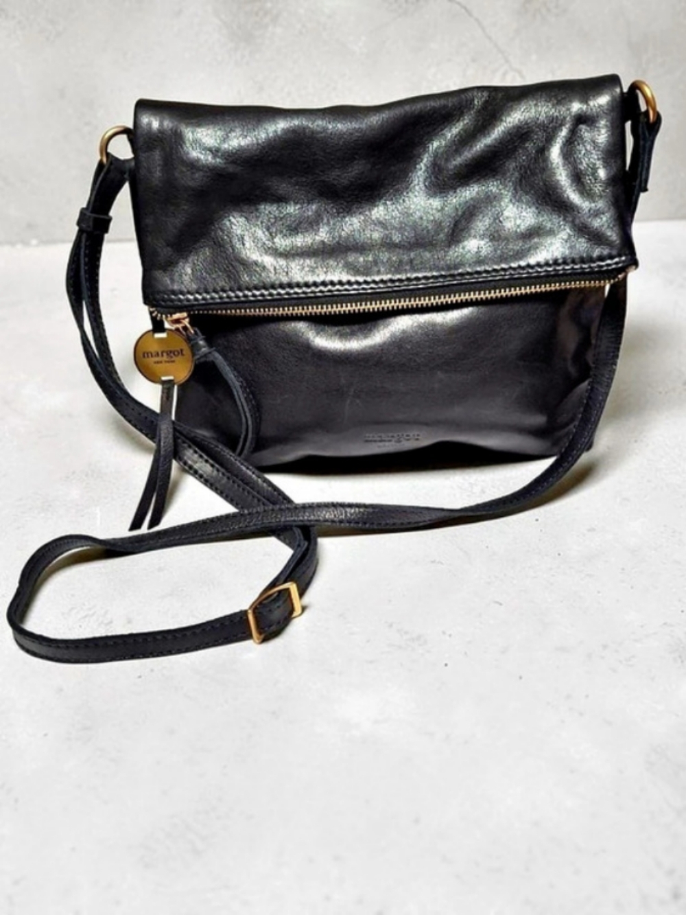 Margot New York Robbie Fold Over Crossbody Black Leather Bag